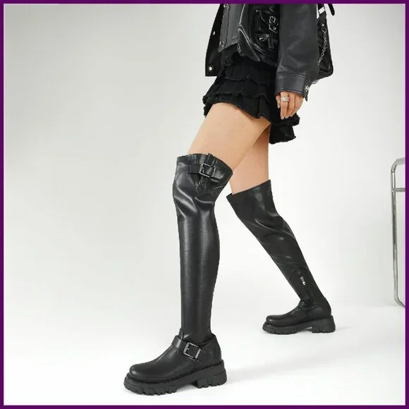 Women's Over The Knee Boots Platform Buckle Lug Sole Stretch Zipper